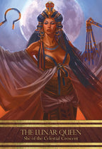 Illustration of a character titled 'The Lunar Queen' with an Egyptian-style headdress and robe against a moonlit sky.
