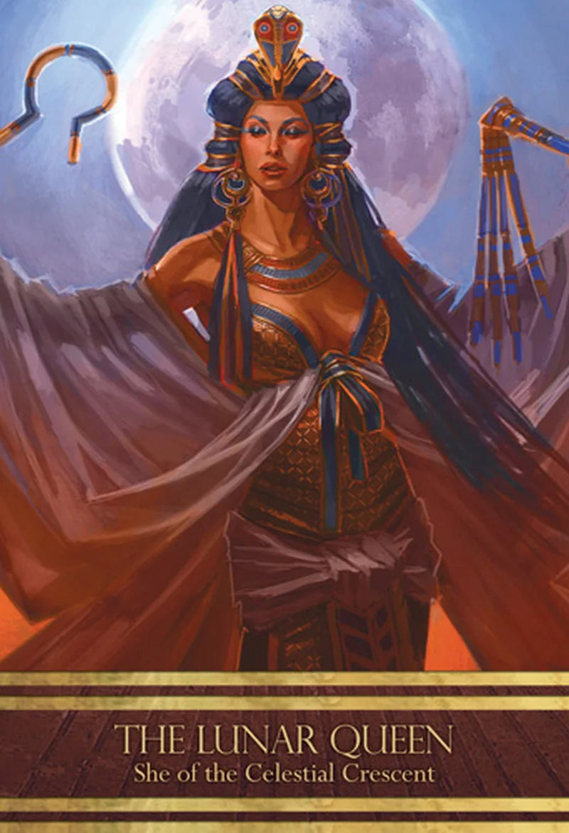 Illustration of a character titled 'The Lunar Queen' with an Egyptian-style headdress and robe against a moonlit sky.