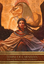 Illustration of a woman with a lion head, likely representing Sekhmet, an ancient Egyptian goddess, with text 'Temple of Carnelian' at the bottom.