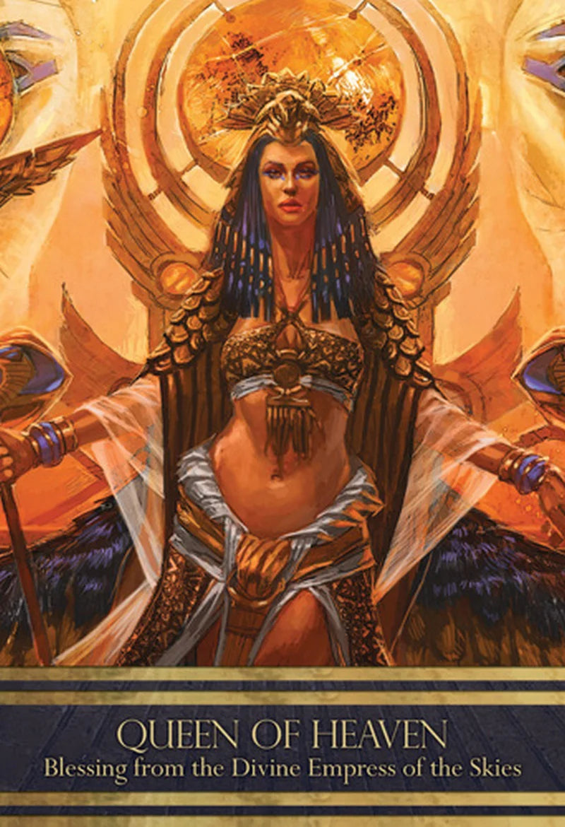 Illustration of a woman with wings titled 'Queen of Heaven' on a warm-toned background.