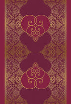 Decorative design with purple and gold patterns on a red background