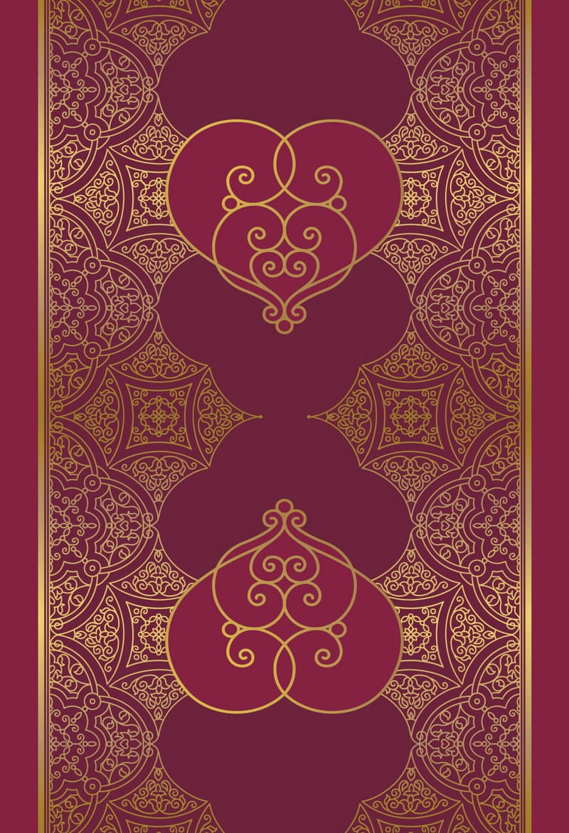 Decorative design with purple and gold patterns on a red background