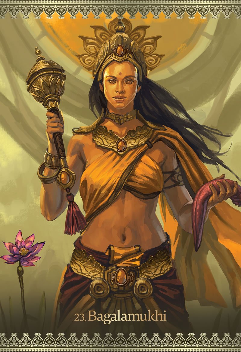 Illustration of a warrior-like figure with ornate headpiece and weapons, holding a lotus flower, on a warm-toned background. 23. Bagalamukhi