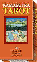 Kamasutra Tarot card set packaging with illustration of couple and text on orange background