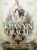 Kuan Yin Oracle card set cover with a woman in a meditative pose and angel wings.