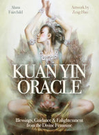 Kuan Yin Oracle card set cover with a woman in a meditative pose and angel wings.