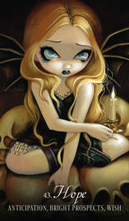 Illustration of a fairy with long blonde hair holding a candle, sitting on a skull.