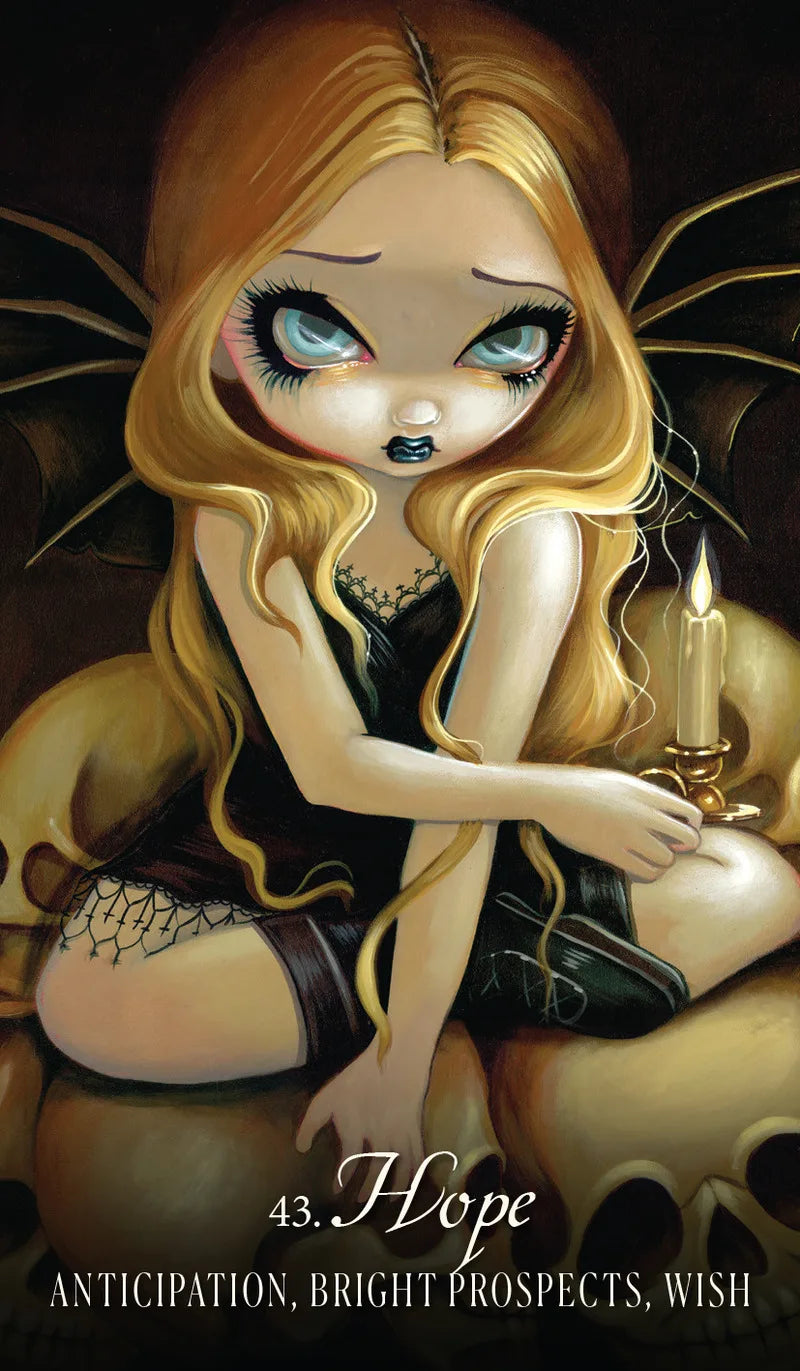 Illustration of a fairy with long blonde hair holding a candle, sitting on a skull.