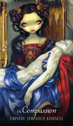 Artistic depiction of a woman holding a lifeless body with 'Compassion' text below.