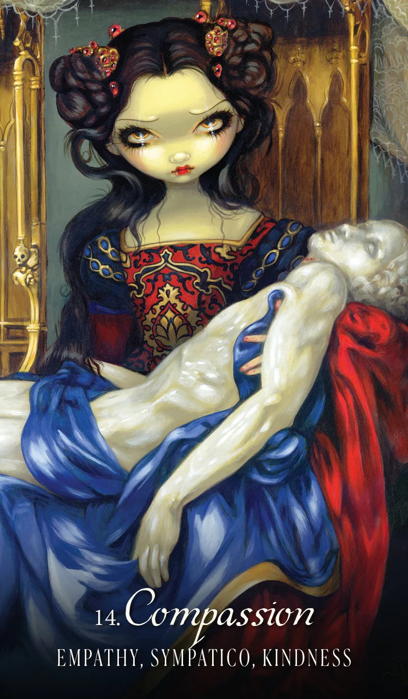 Artistic depiction of a woman holding a lifeless body with 'Compassion' text below.