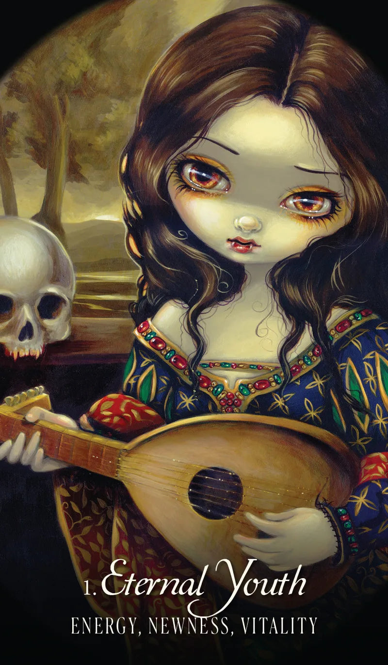 Artistic depiction of a woman with long brown hair holding a lyre, with a skull in the background, titled 'Eternal Youth'.