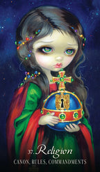 Artistic depiction of a figure holding a decorated orb with 'Religion' text on a dark background