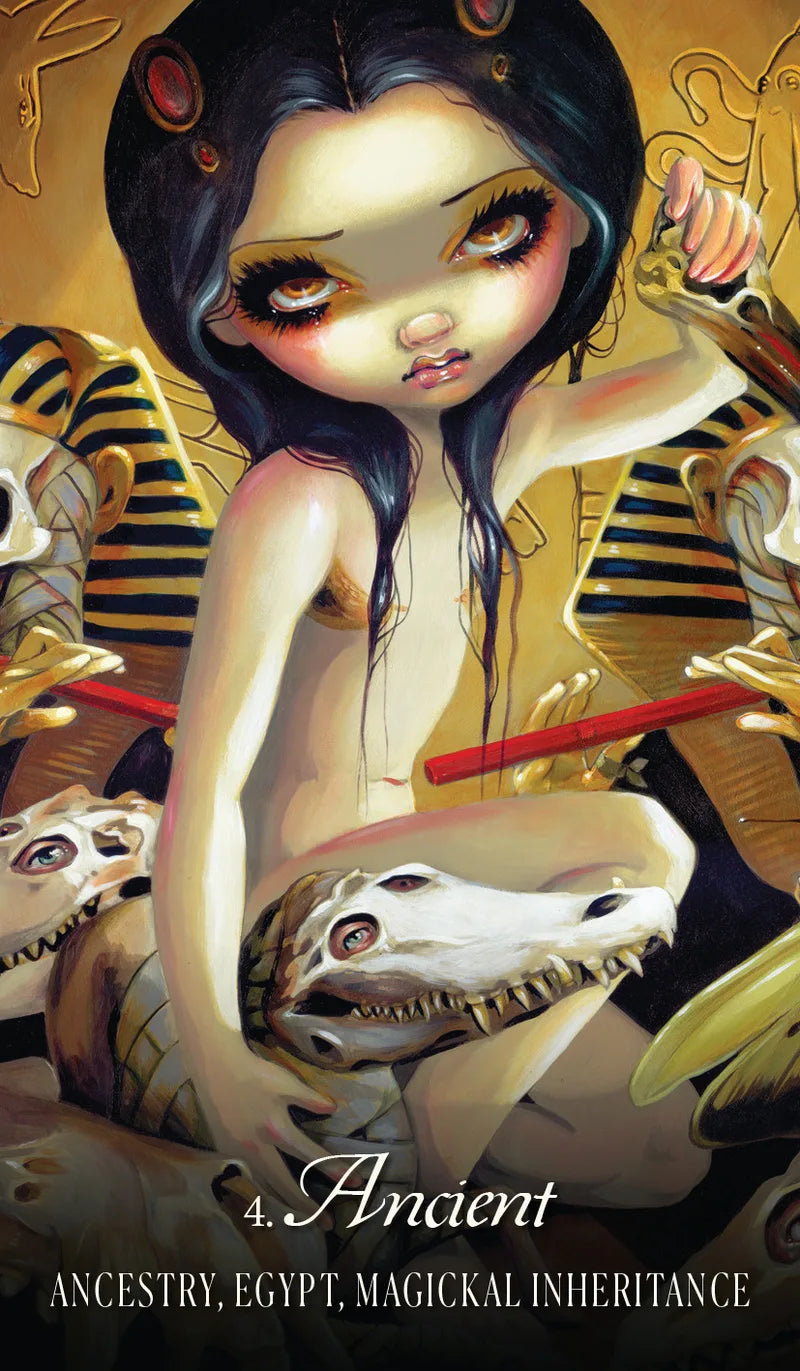 Artistic depiction of a woman with Egyptian-themed elements, including hieroglyphs and a sarcophagus.