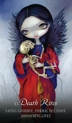 Illustration of an angelic figure holding a skeleton with text 'Death Rites' on a dark background.