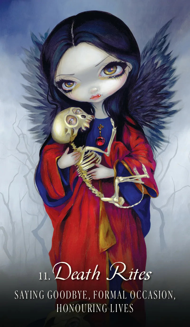 Illustration of an angelic figure holding a skeleton with text 'Death Rites' on a dark background.