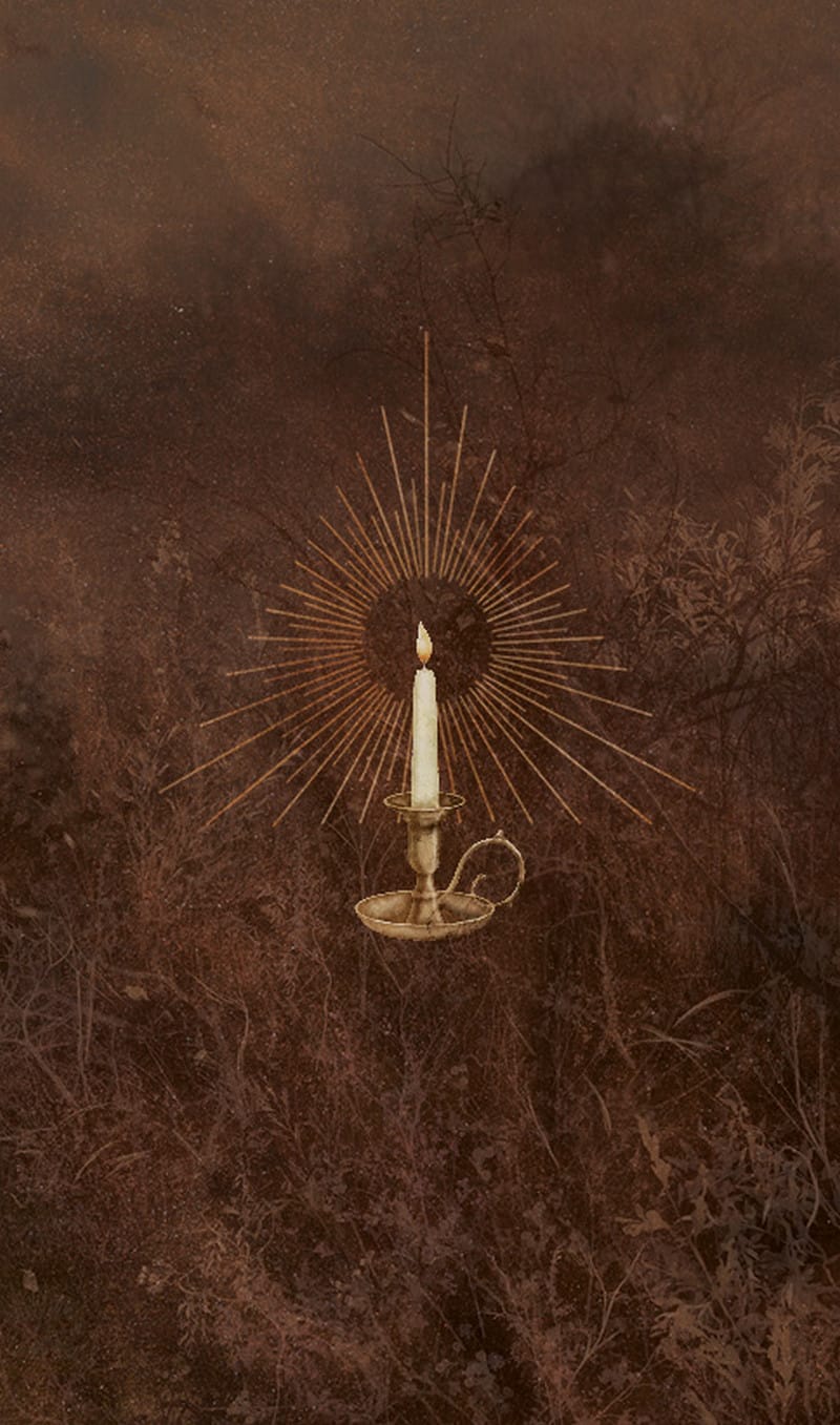 Decorative wall art with a candle and sunburst design on a textured brown background