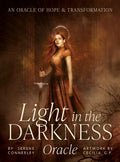 Book cover of 'Light in the Darkness Oracle' with a woman holding a sword against a dark background.
