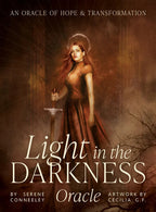Book cover of 'Light in the Darkness Oracle' with a woman holding a sword against a dark background.