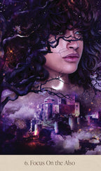Artistic depiction of a woman with dark hair and a mystical landscape with a house and trees.