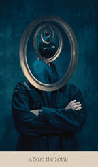 Person with a circular mirror headpiece against a dark blue background