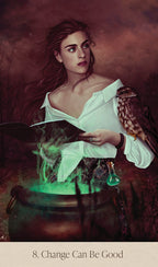 Woman in a white blouse with a bird perched on her arm, surrounded by green smoke and a potion, against a dark background.