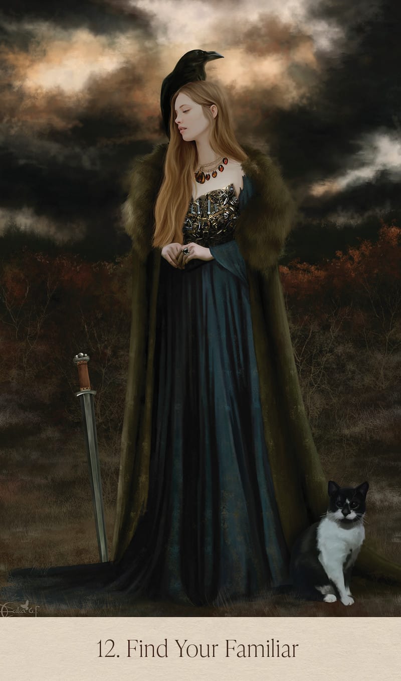 Woman in a dark cloak with a cat and sword, under a stormy sky