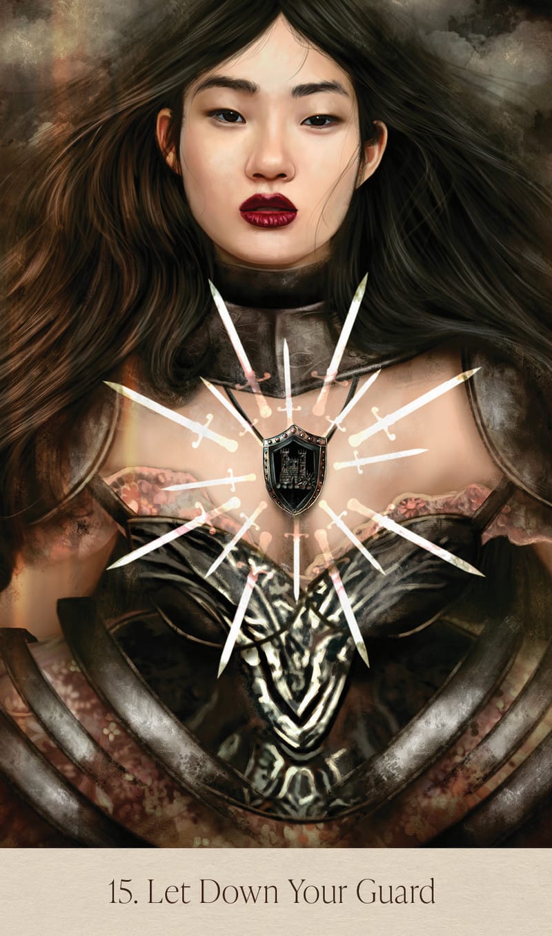 Artistic depiction of a woman with armor and a central emblem, with text '15. Let Down Your Guard' at the bottom.