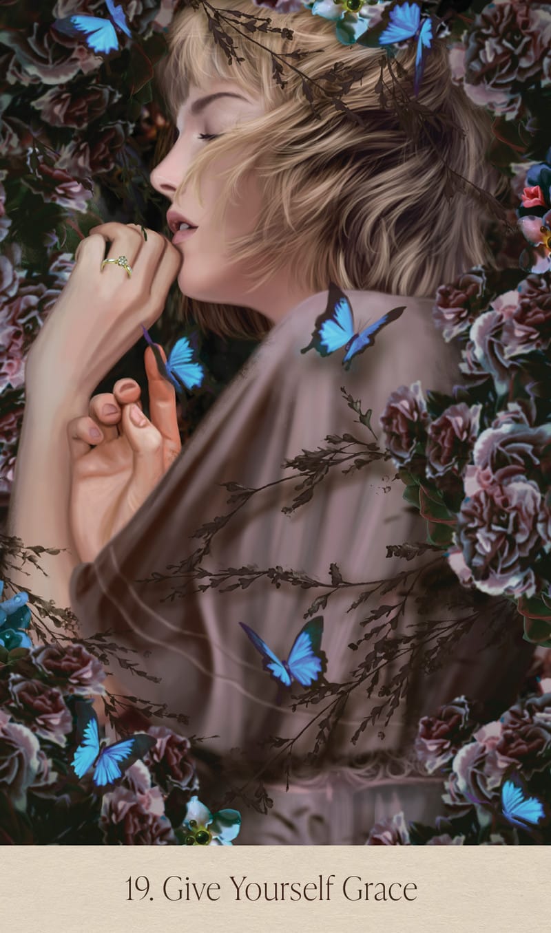 Woman with butterflies and flowers, with text '19. Give Yourself Grace' at the bottom.
