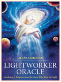 Book cover of 'Lightworker Oracle' by Alana Fairchild with a cosmic design and woman in a spiral.
