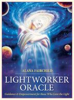 Book cover of 'Lightworker Oracle' by Alana Fairchild with a cosmic design and woman in a spiral.