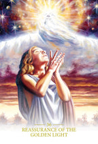Woman in a white dress with hands clasped, surrounded by a radiant light and celestial elements.