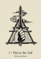 Illustration of a hand holding a sword with text 'Pierce the Veil' on a beige background