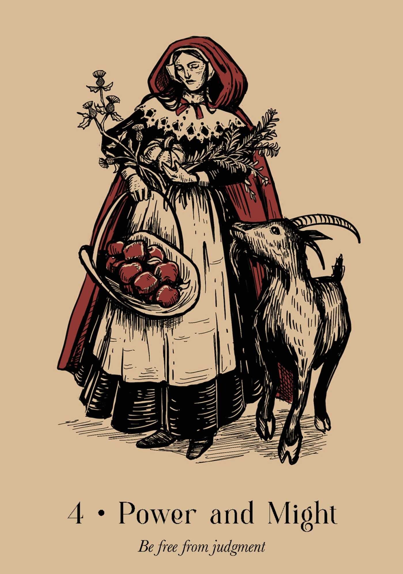 Illustration of a woman with a goat and a basket of fruit on a beige background, with text '4 Power and Might' at the bottom.