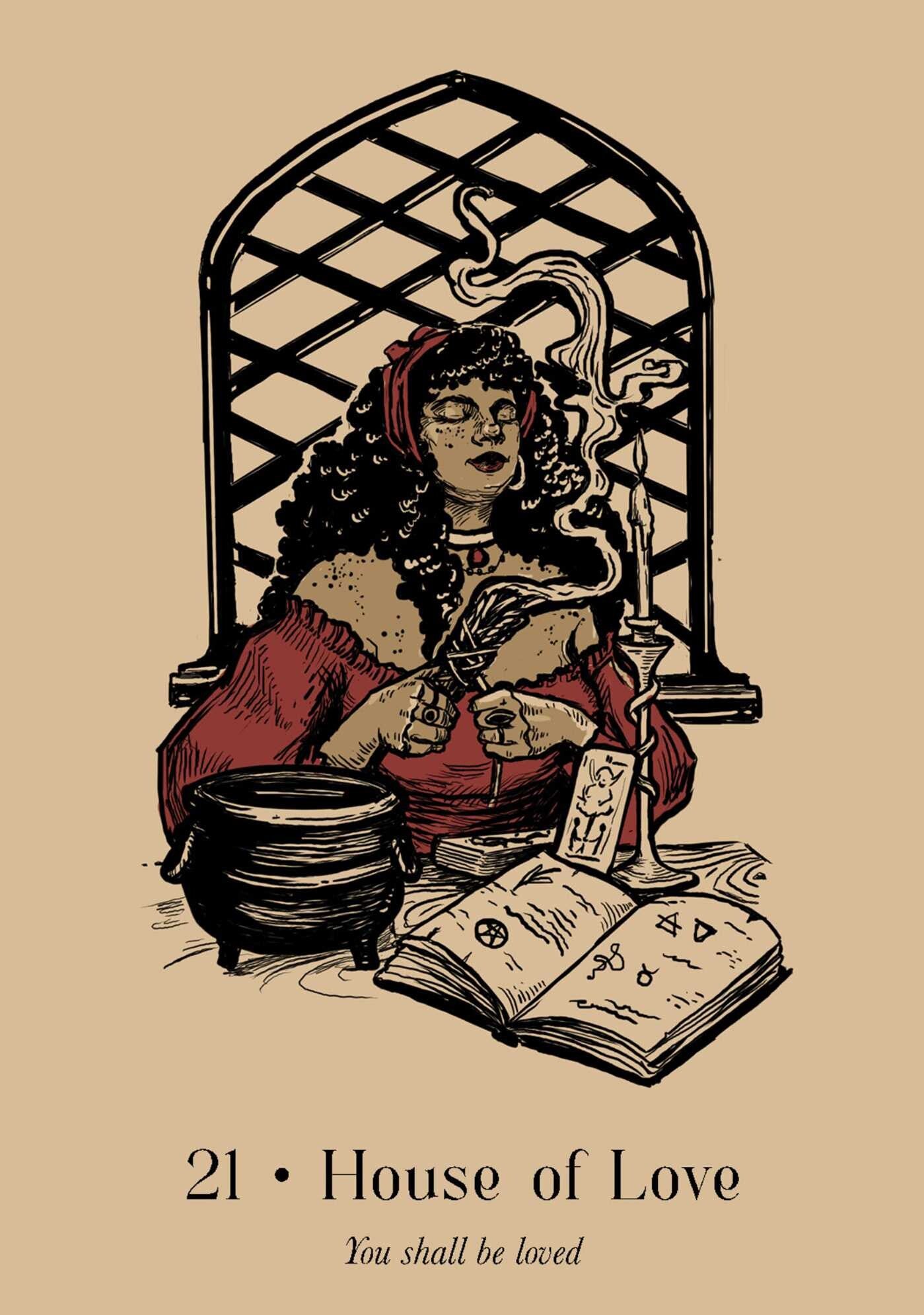 Illustration of a woman with a snake, sitting behind a desk with books and a pot, on a beige background.