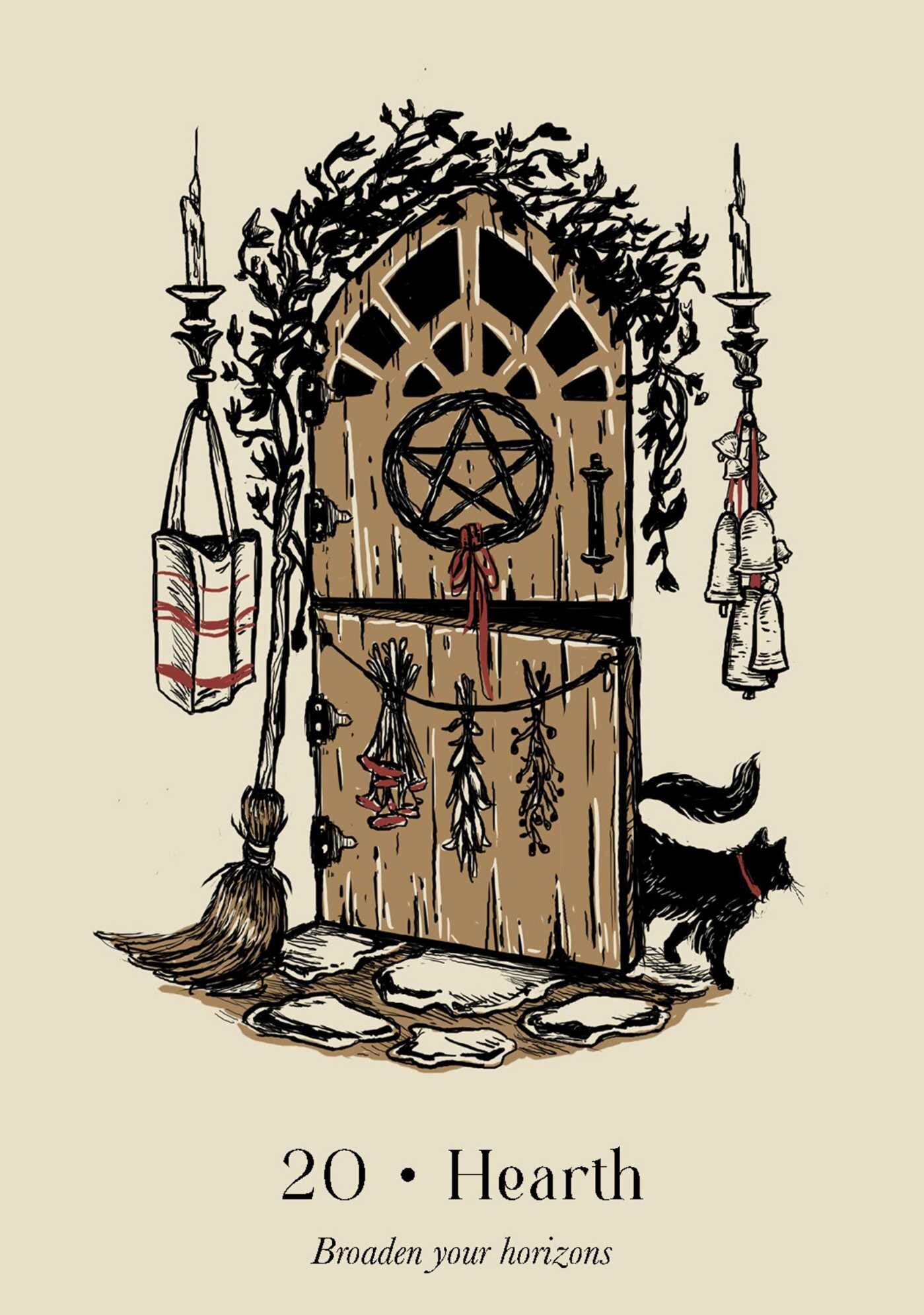 Illustration of a wooden door with a pentagram symbol, surrounded by candles, a broom, and a cat on a beige background.