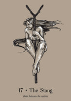 Illustration of a woman holding a staff with text '17 The Stang Ride between the realms' on a beige background