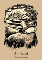 Illustration of a hand holding a shell with an eye inside, on a beige background.