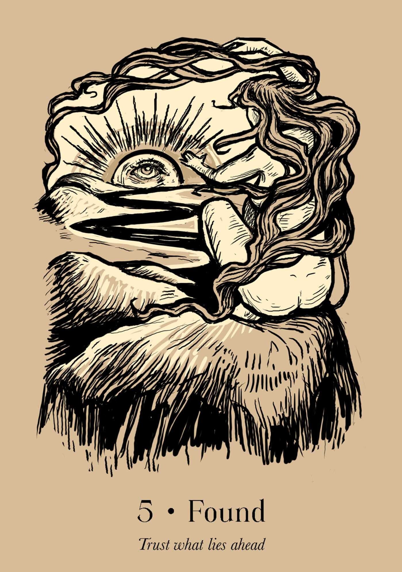 Illustration of a hand holding a shell with an eye inside, on a beige background.