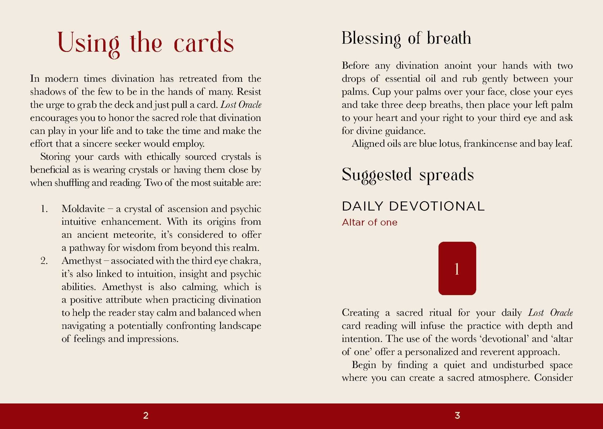 Instructions for using cards with a focus on blessing of breath and suggested spreads.