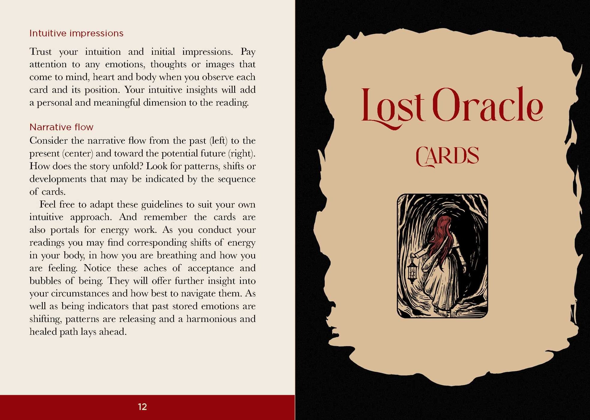 Booklet page about 'Lost Oracle Cards' with text and a cover illustration on a black background.