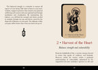 Page from a book or magazine featuring a tarot card titled 'Harvest of the Heart' with text on balance and vulnerability.