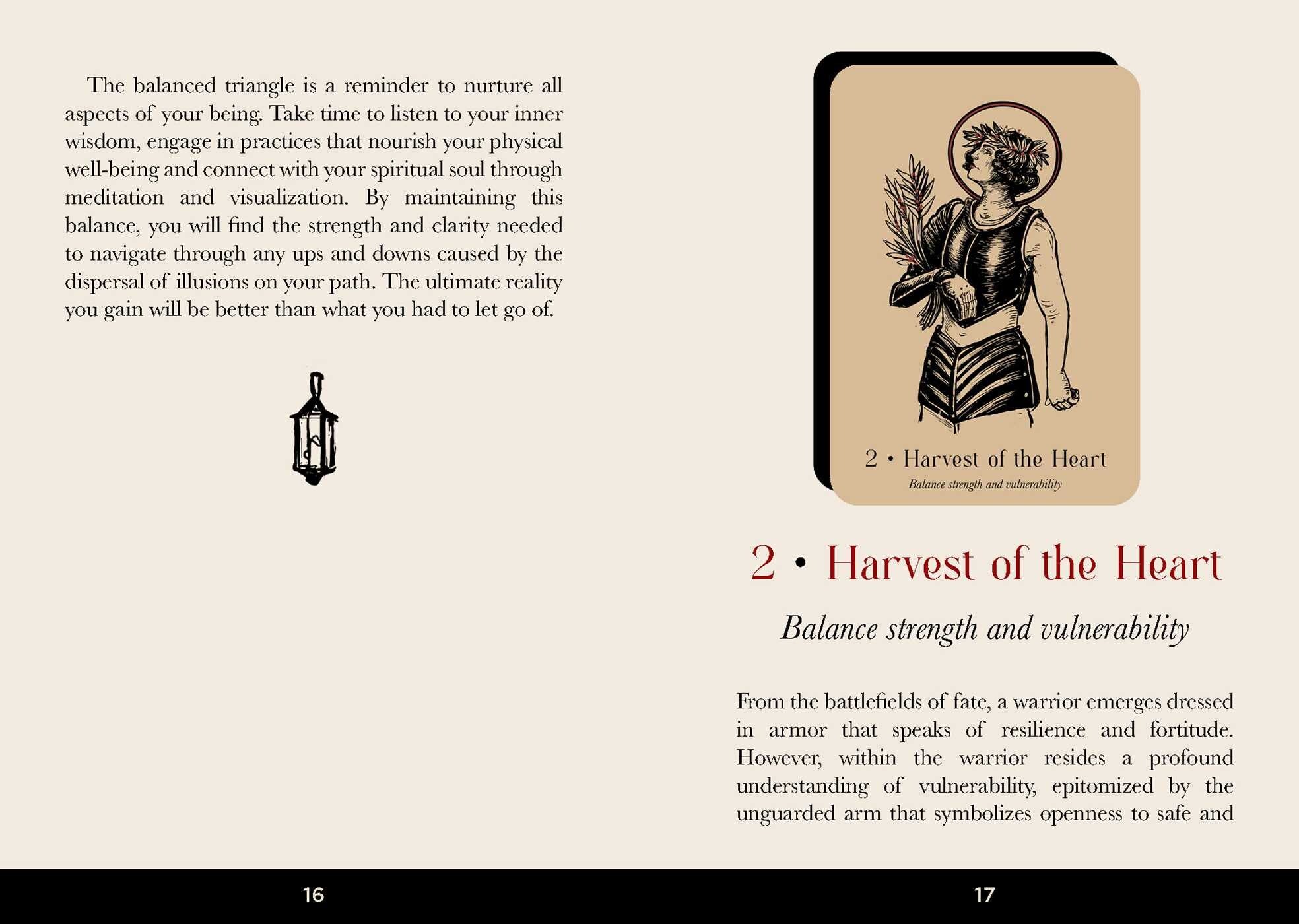 Page from a book or magazine featuring a tarot card titled 'Harvest of the Heart' with text on balance and vulnerability.