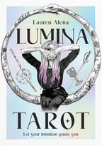 Book cover of 'Lumina Tarot' by Lauren Aletta with a person and tarot card symbols.