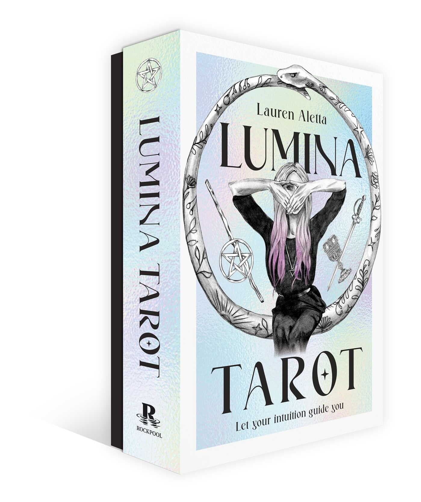 Lumina Tarot box with a stylized illustration of a person and tarot cards on a white background