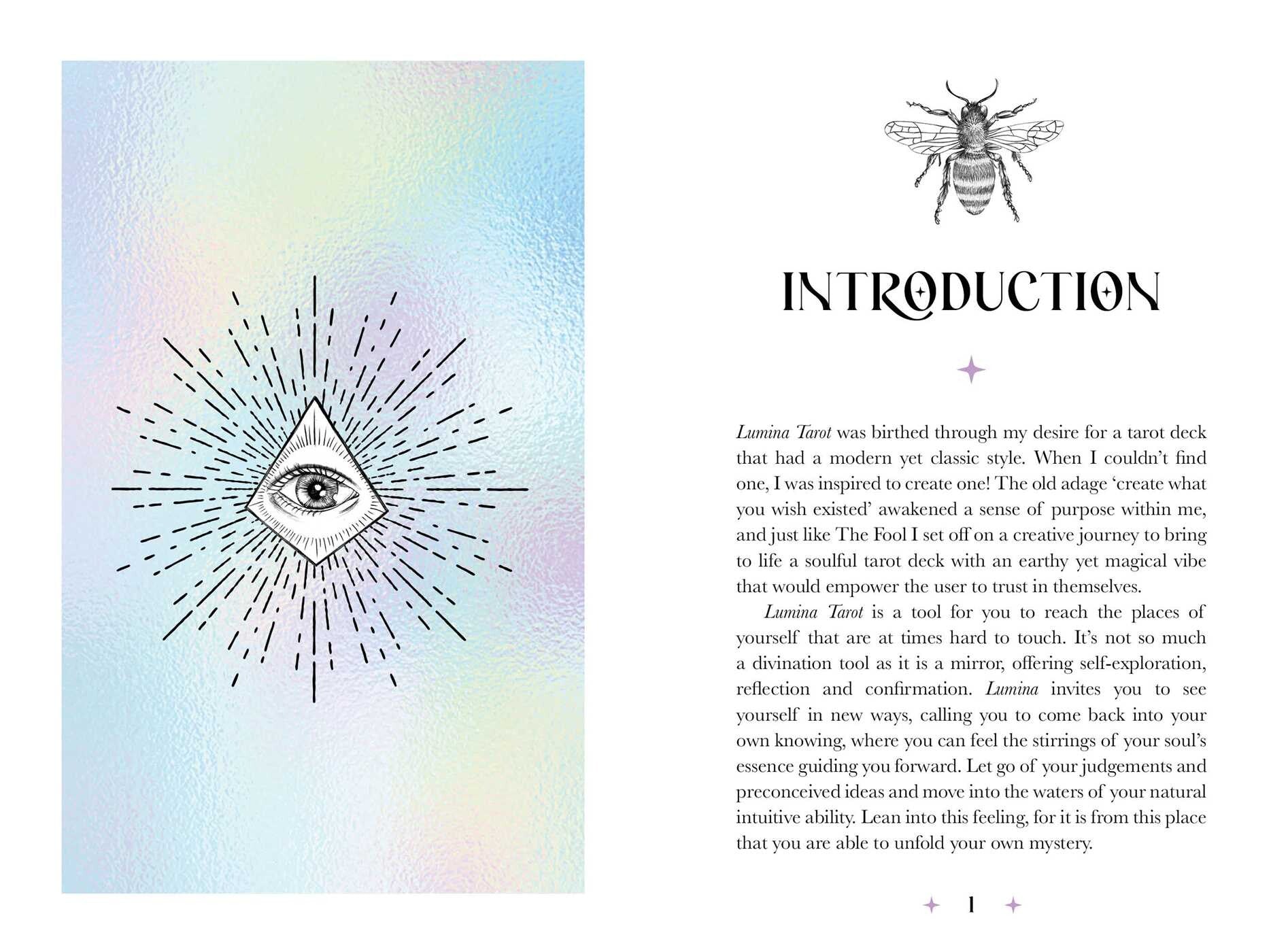 Introduction page of a tarot deck with an eye symbol and bee illustration on a gradient background.
