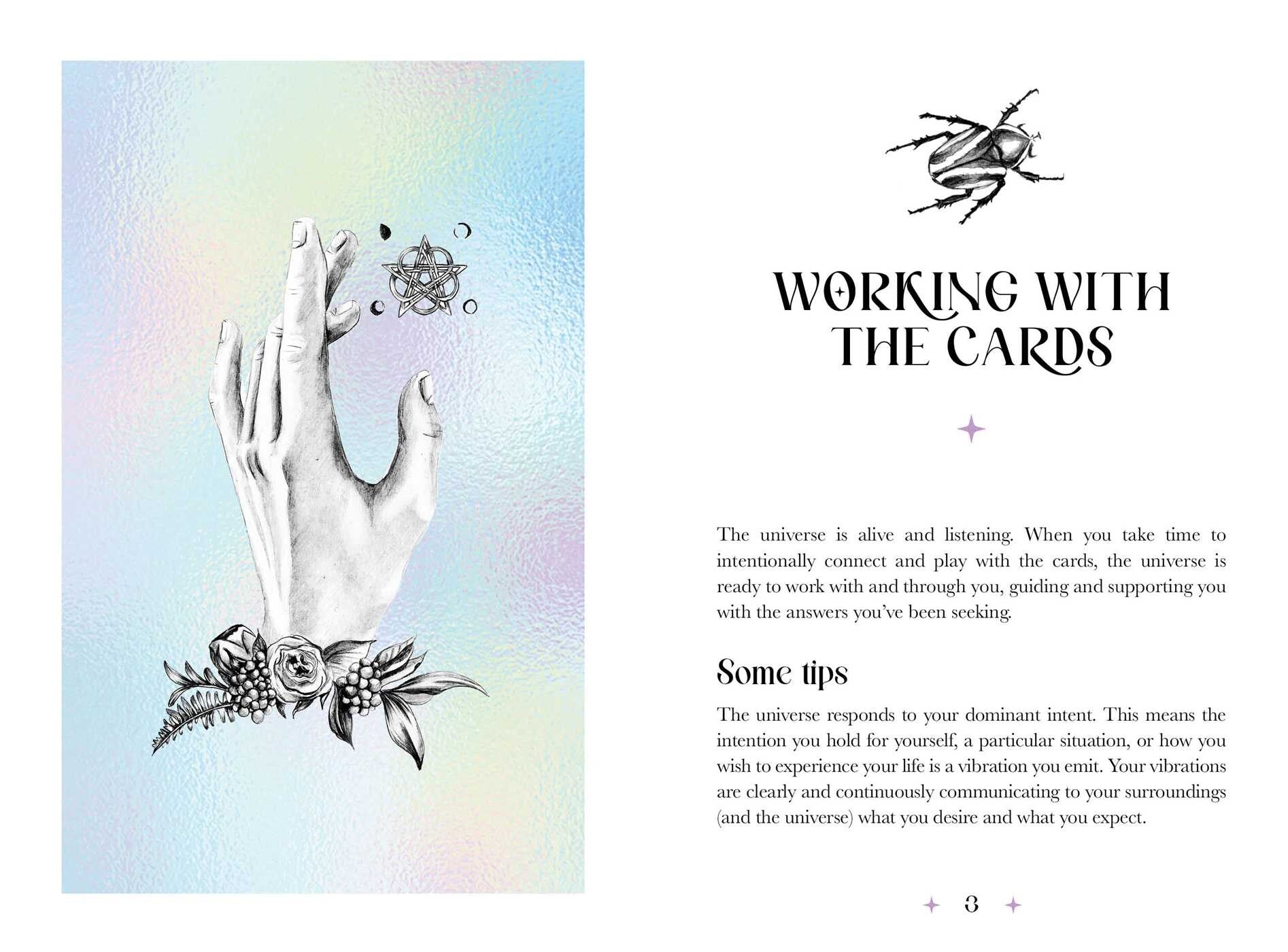 Magical-themed page with hand, cards, and text on a gradient background