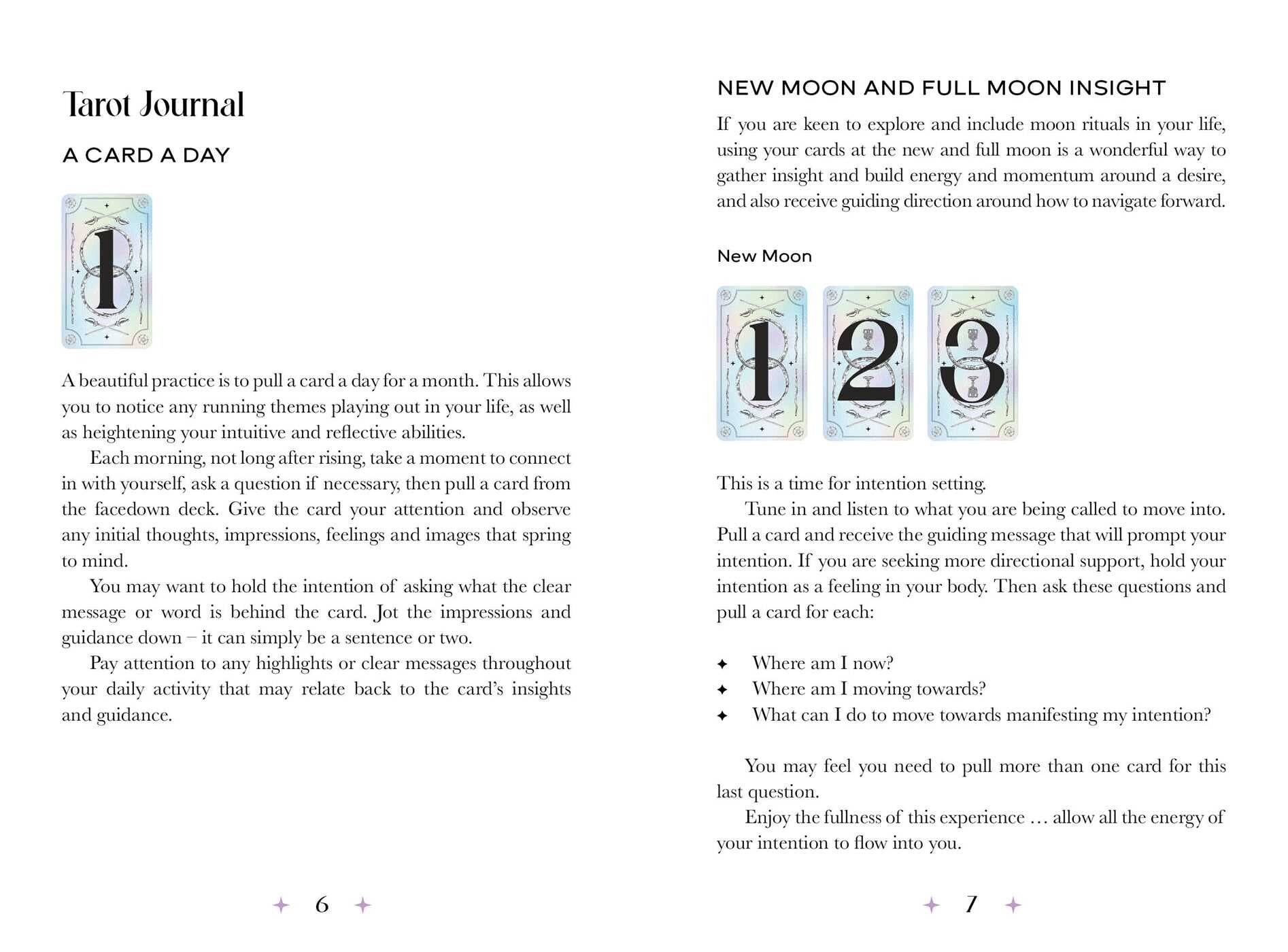 Page from a Tarot Journal with instructions on using cards for new moon and full moon insights.