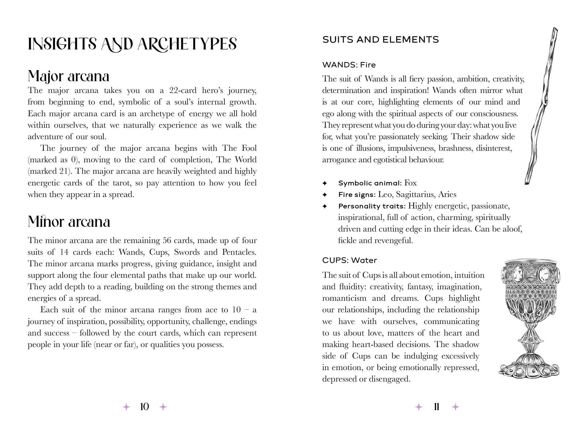 Page from a book or guide on tarot cards with text and illustrations of suits and archetypes.