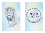 Illustration of a lion and 'Major Arcana' text on a pastel gradient background