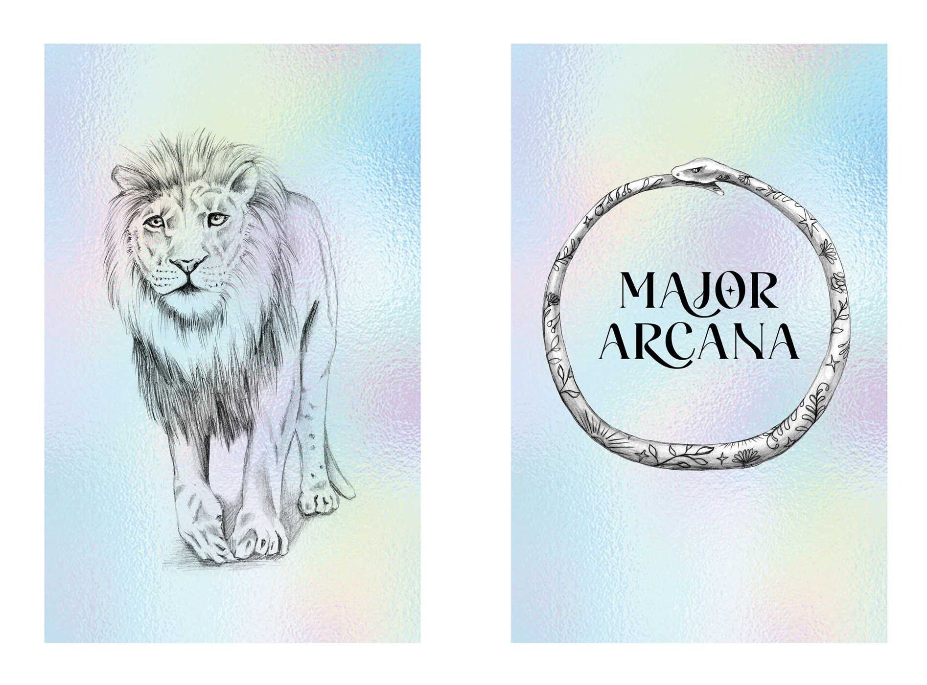 Illustration of a lion and 'Major Arcana' text on a pastel gradient background